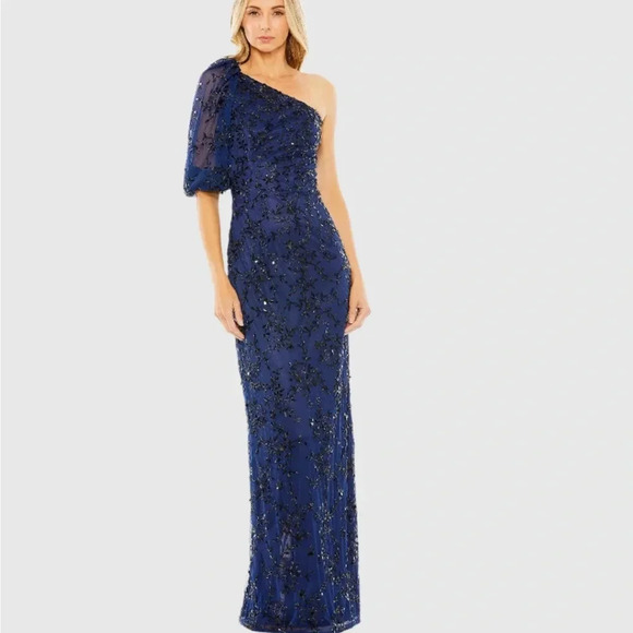 Mac Duggal New One Shoulder Puff Sleeve Embellished Column Gown 14 - Picture 3 of 7